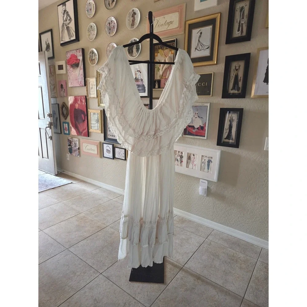 Vintage Mexican Off Shoulder Cotton Gauze Maxi Dress Ivory Lace Boho Plus Size - Picture 2 of 7